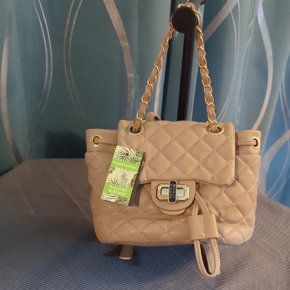 Badgley Mischka Beige Quilted Backpack with Gold Chain